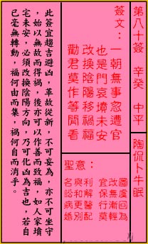 关帝灵签 第80签:中平 陶侃卜牛眠