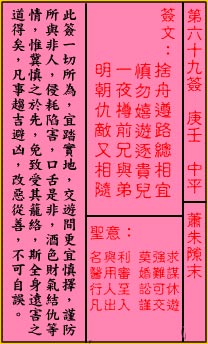 关帝灵签 第69签:中平 萧朱隙末